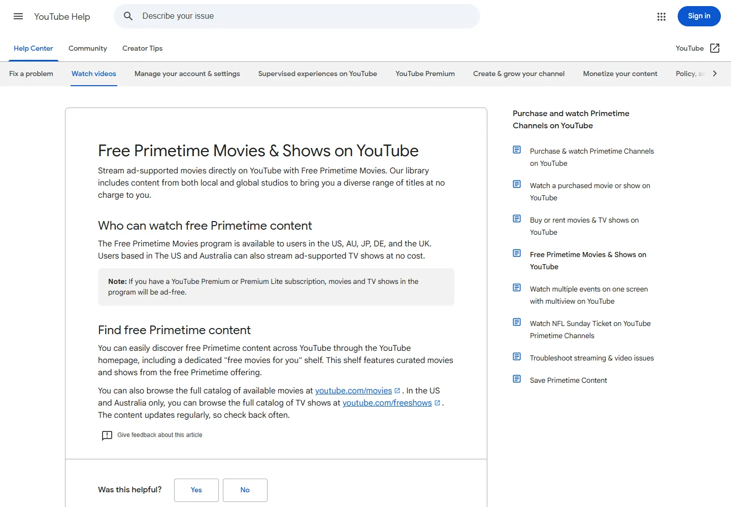 YouTube's official guide to free Primetime movies and regional availability