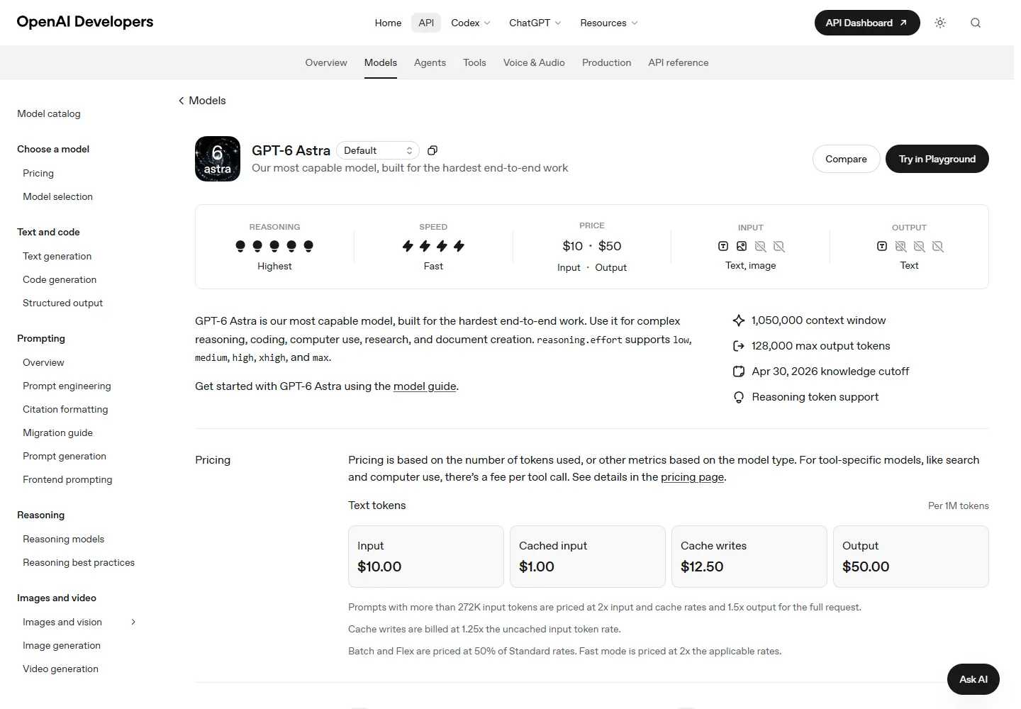 Documentación oficial de OpenAI con las especificaciones y precios API de GPT-6 Astra