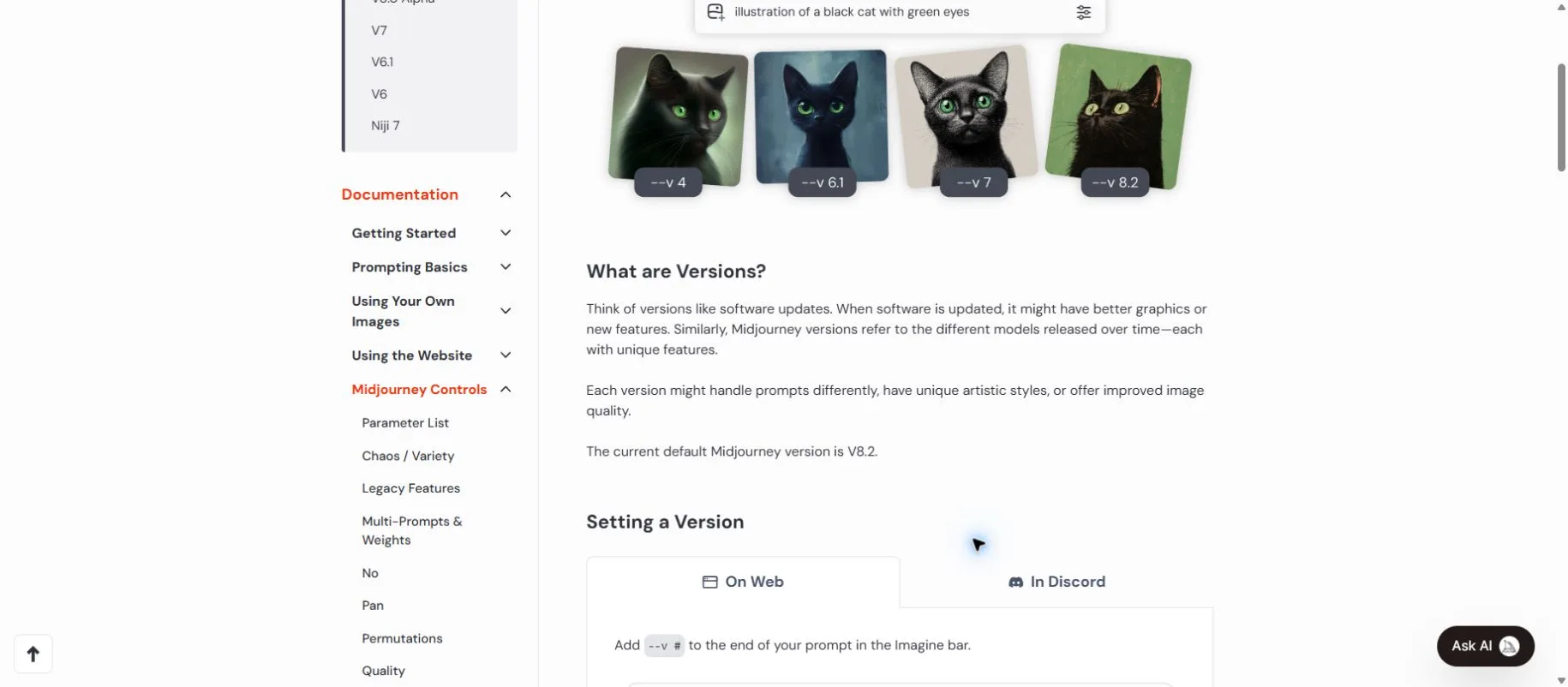 Official Midjourney documentation identifying V8.2 as the default