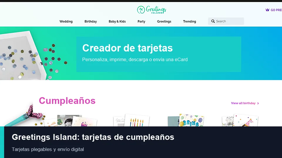 Página de Greetings Island con categorías y diseños de tarjetas de cumpleaños para imprimir