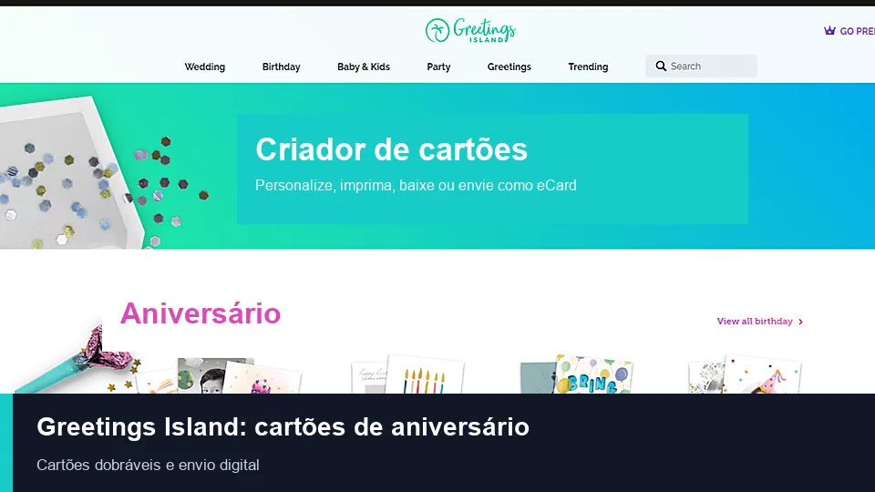 Página do Greetings Island com categorias e modelos de cartões de aniversário para imprimir