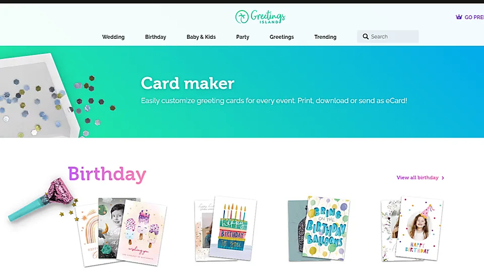 Greetings Island birthday card maker page with printable card categories and birthday designs