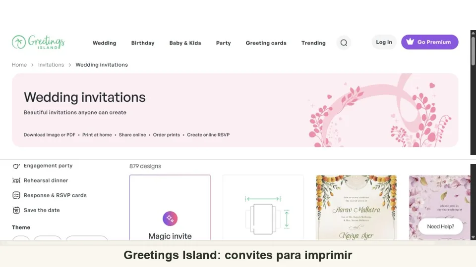 Greetings Island modelos de convite de casamento e opções de confirmação de presença