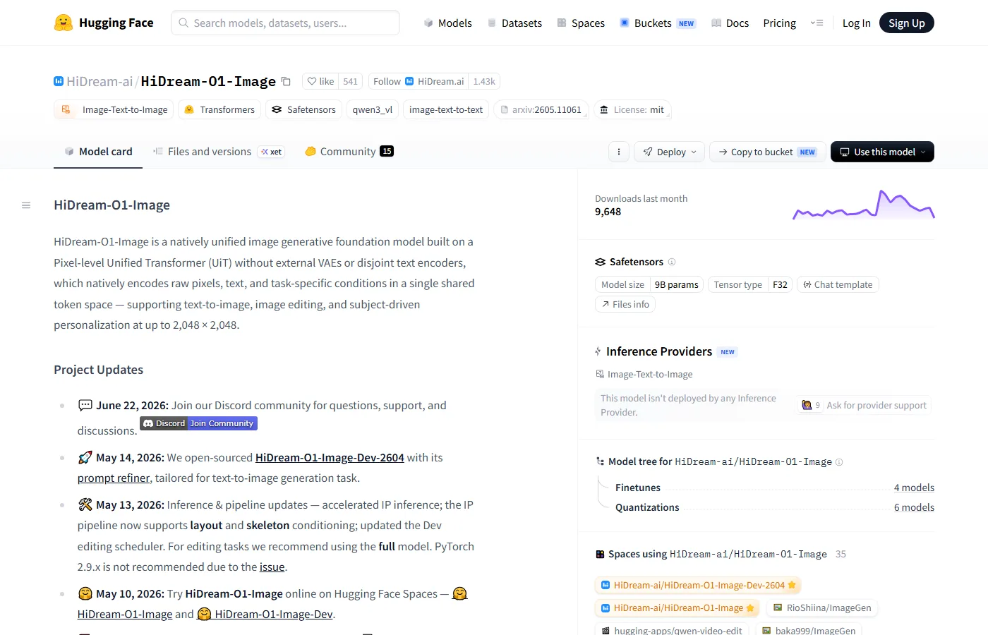 HiDream O1 Hugging Face model page screenshot