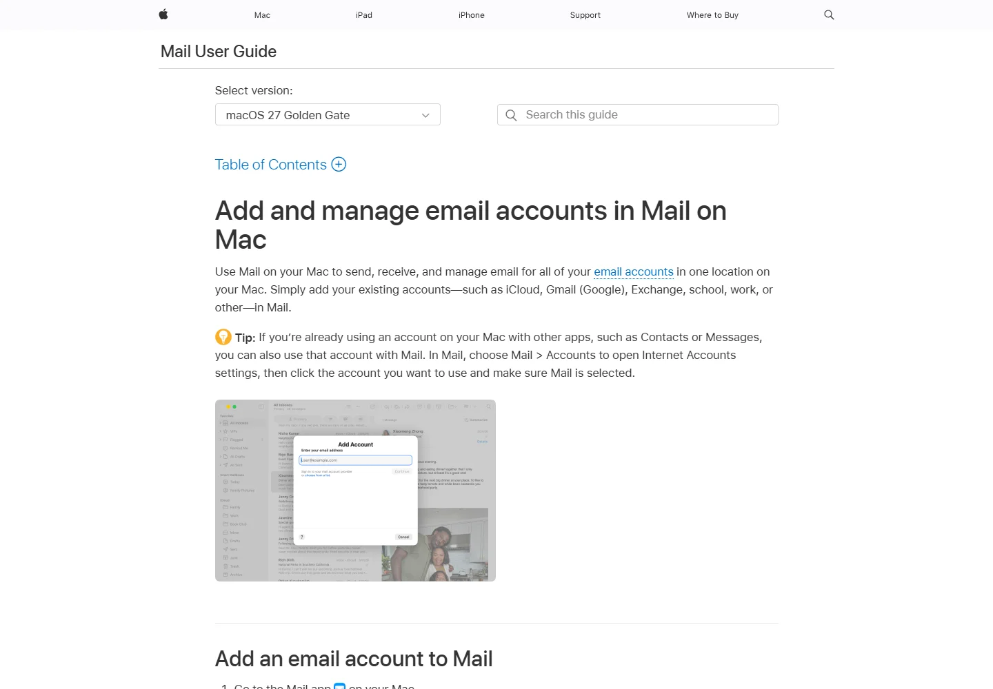 Apple Support: adding email accounts in Mail on Mac
