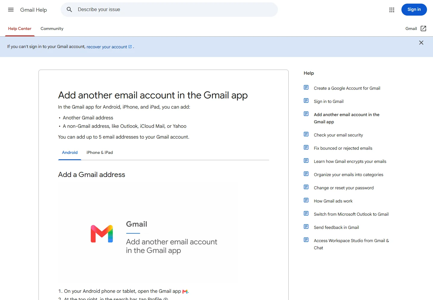 Gmail Help: adding another account in the mobile app