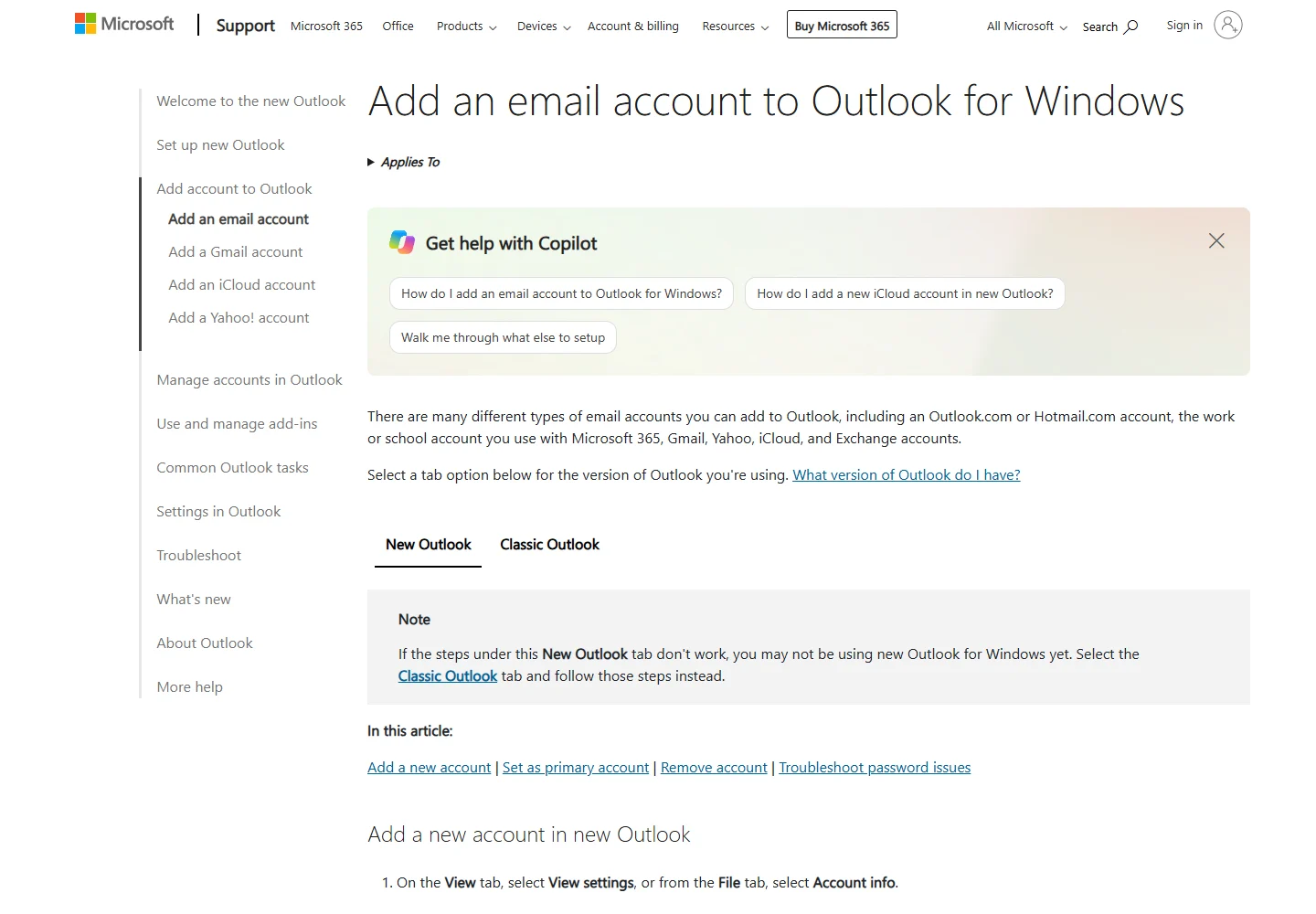 Microsoft Support: adding accounts to Outlook for Windows