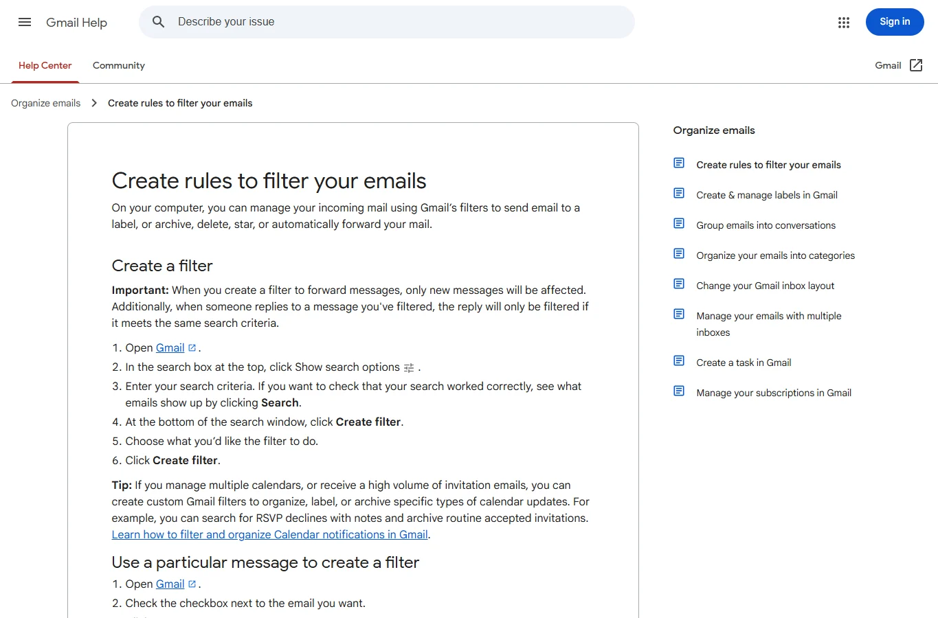 Google Gmail Help: creating rules to filter email