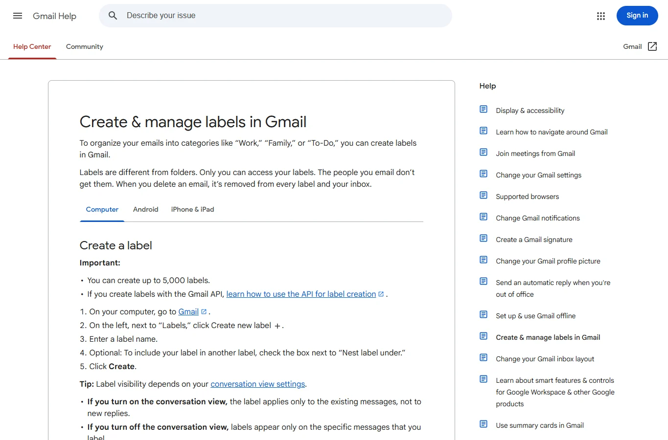 Google Gmail Help: creating and managing labels