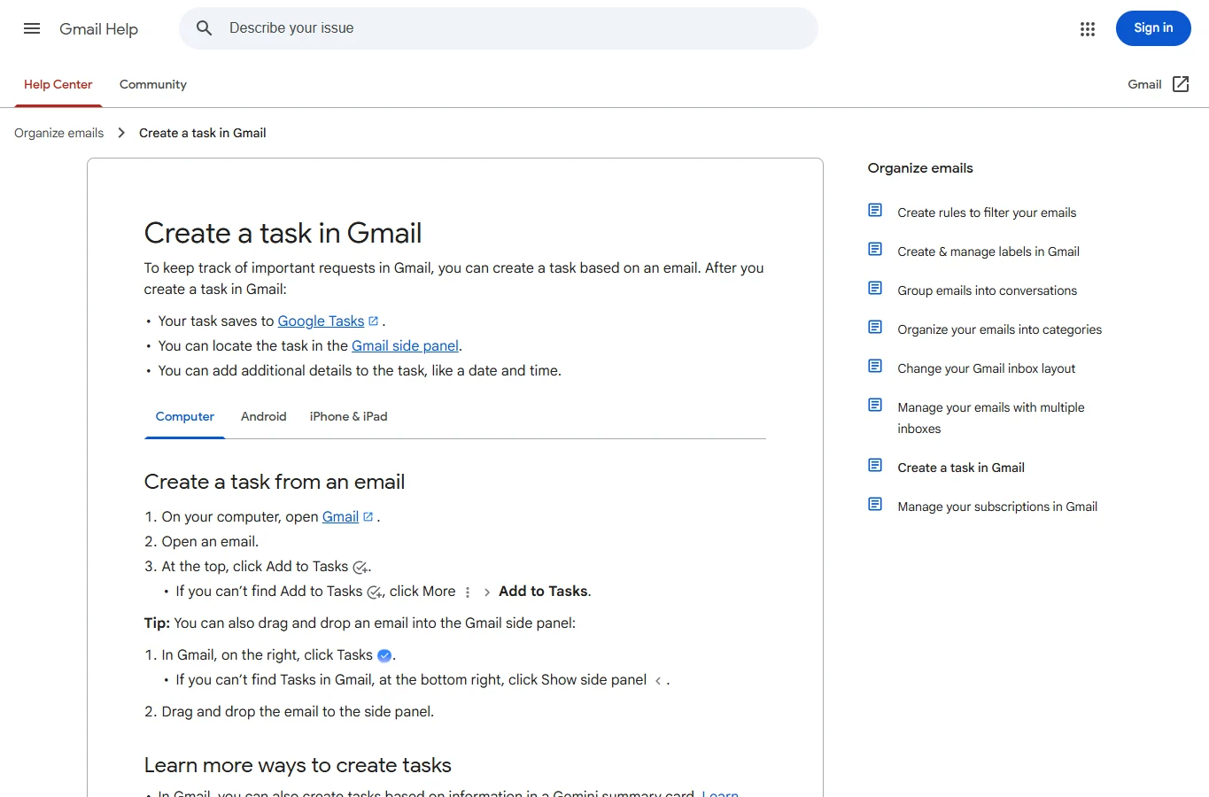 Google Gmail Help: creating a task from an email