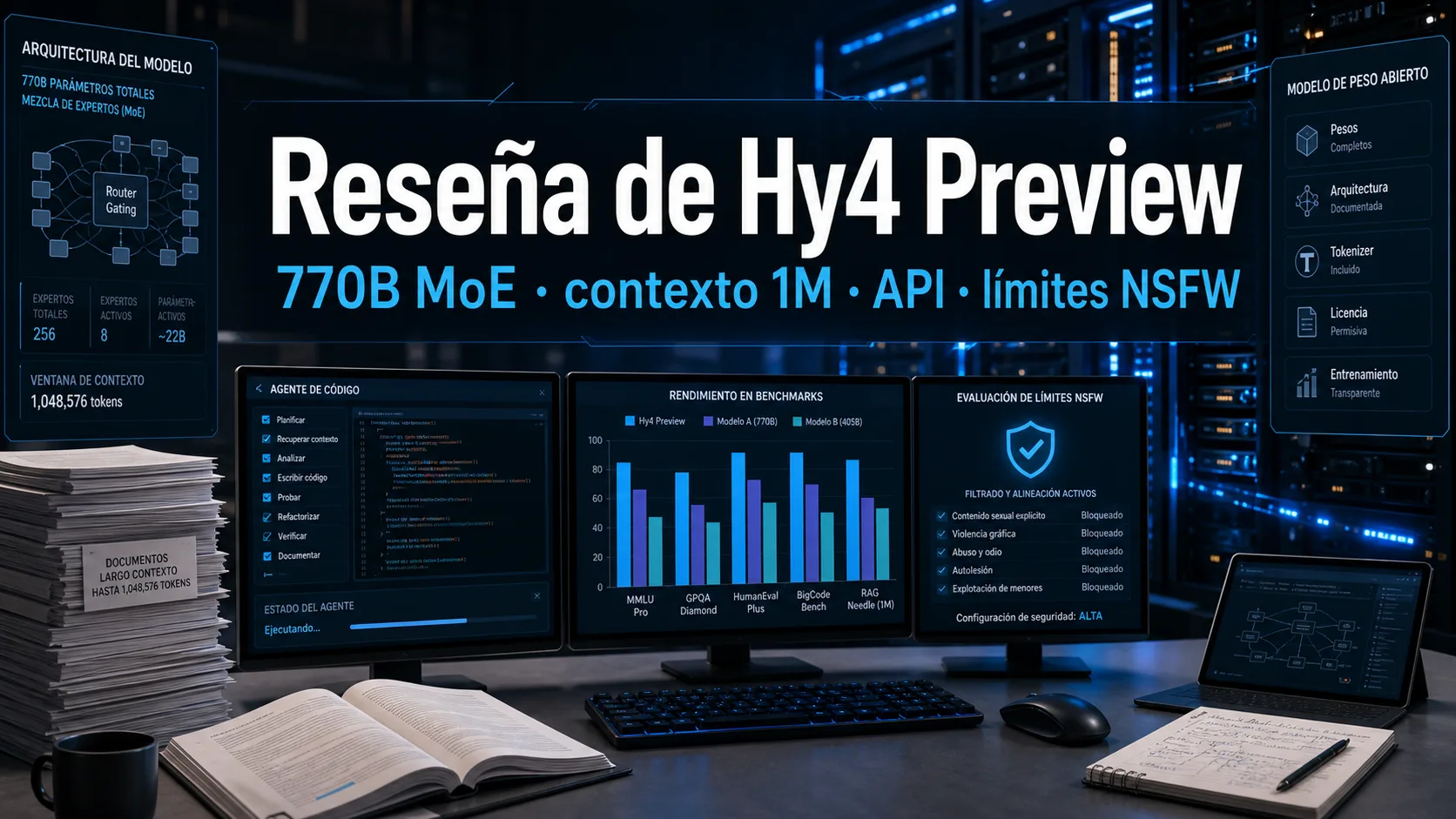Reseña de Hy4 Preview: Tencent Hunyuan 770B MoE, contexto 1M, API, hardware local y límites NSFW cover image