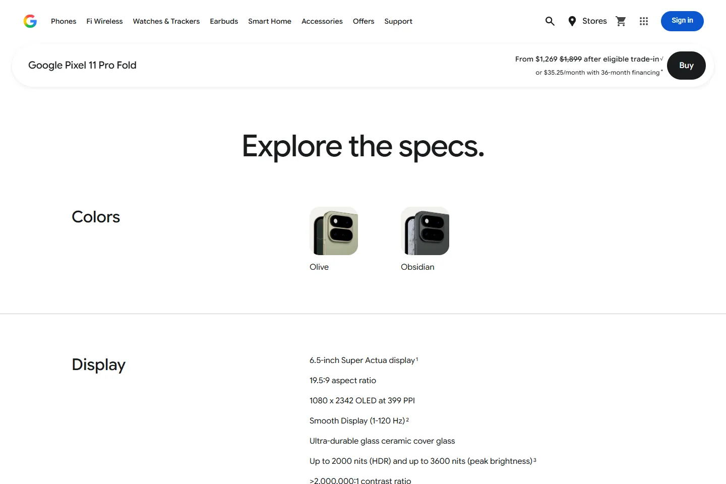 Pixel 11 Pro Fold technical specifications on the official US Google Store