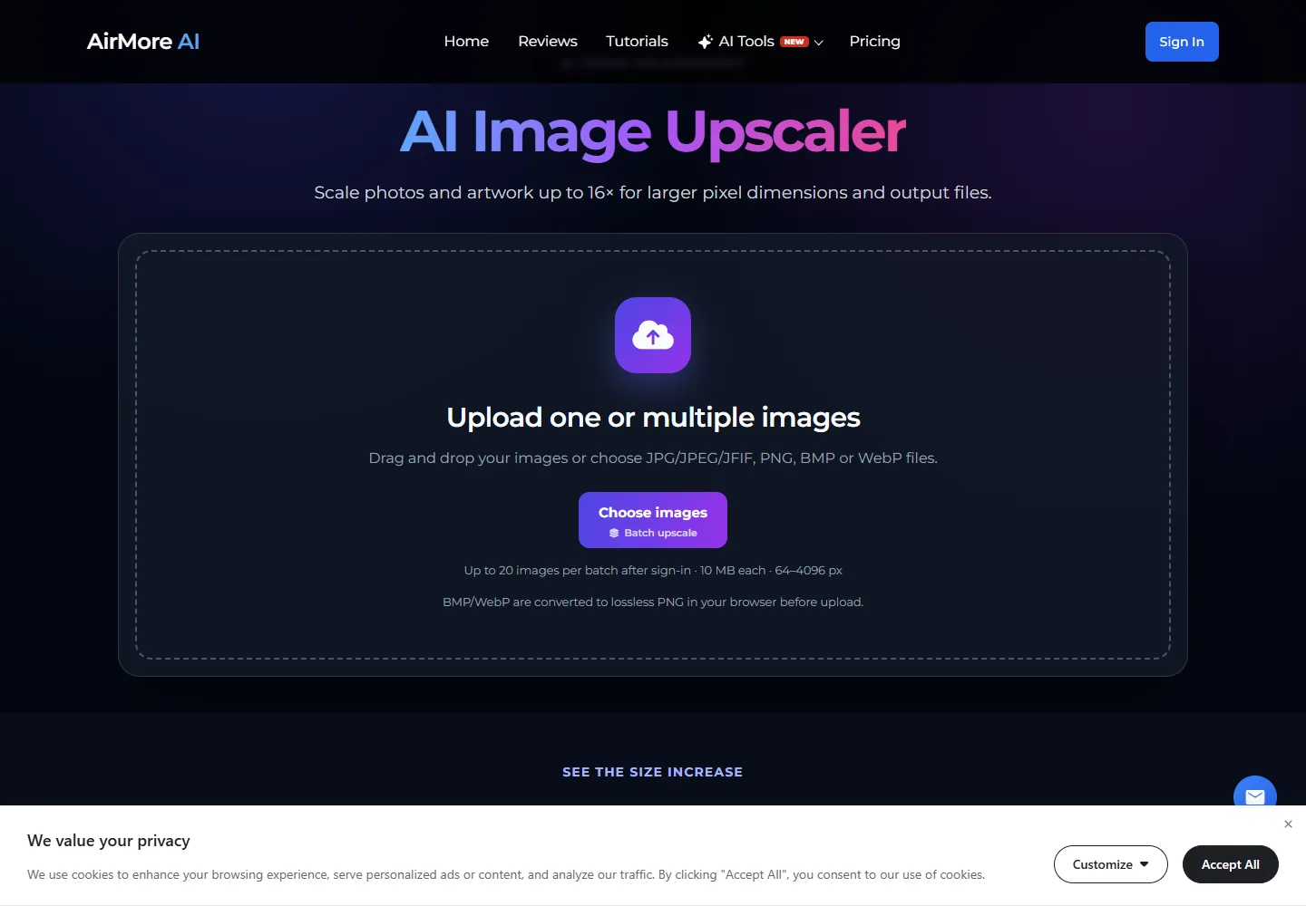 Agrandisseur d’image IA d’AirMore pour augmenter les dimensions du résultat final ; capture de l’interface anglaise