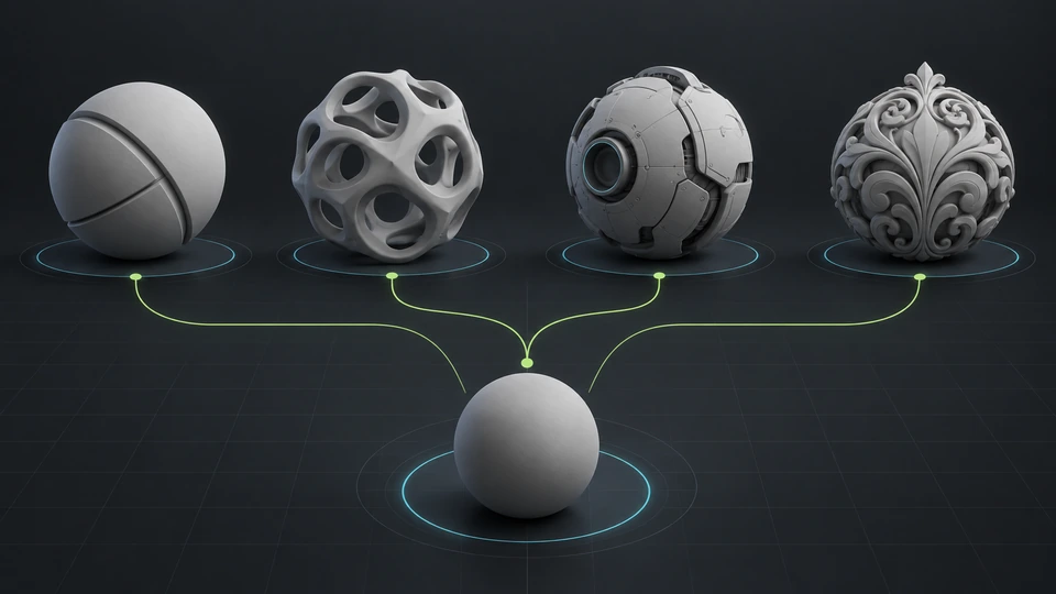 One 3D concept branching into multiple design directions