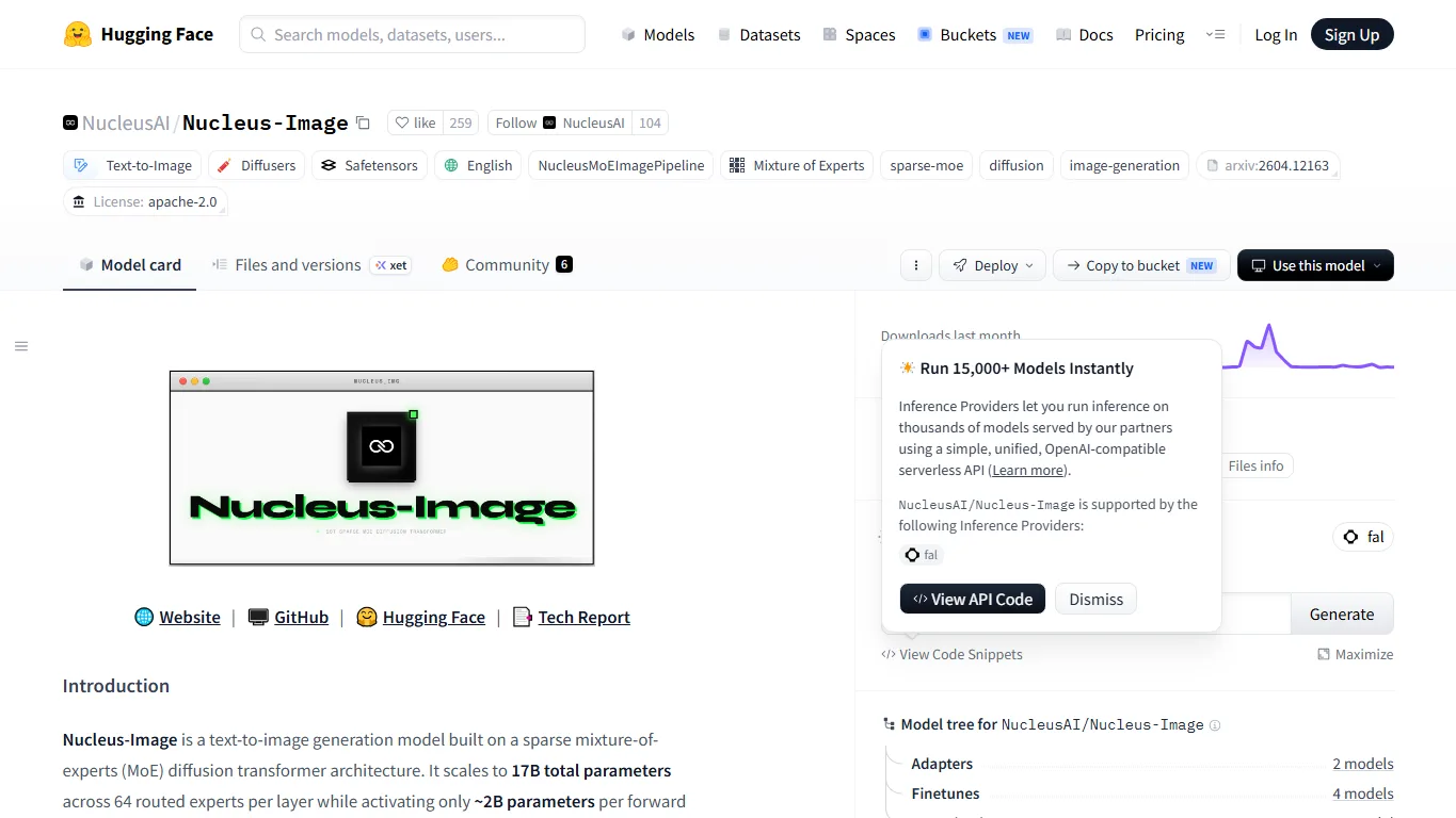 Nucleus Image Hugging Face model page screenshot