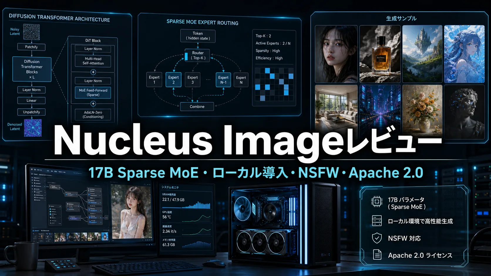 Nucleus Imageレビュー｜17B Sparse MoE画像生成AI、ローカル導入、NSFW対応、Apache 2.0を解説
