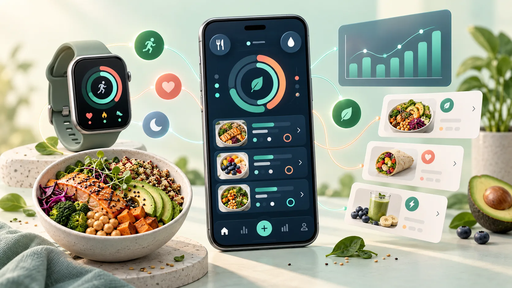 Nutrition diary connected with activity tracking, meal suggestions, and weekly health trends