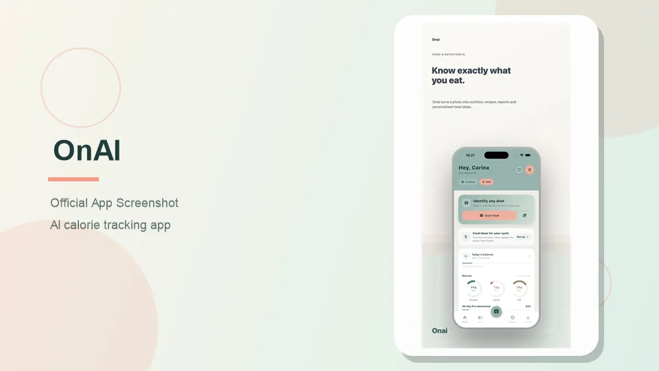 Pantalla principal de OnAI, aplicación de IA para alimentos y nutrición con seguimiento de calorías y macros