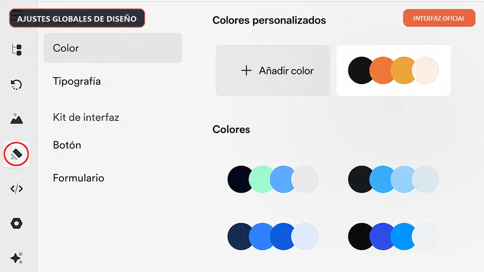 Ajustes globales de diseño de Onepage.io para colores y tipografía