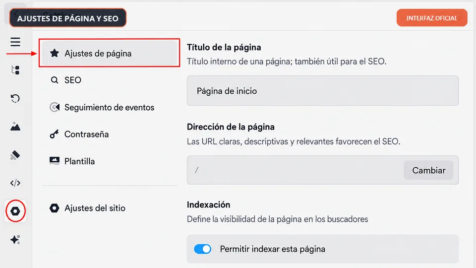 Ajustes de página y SEO de Onepage.io con dirección e indexación