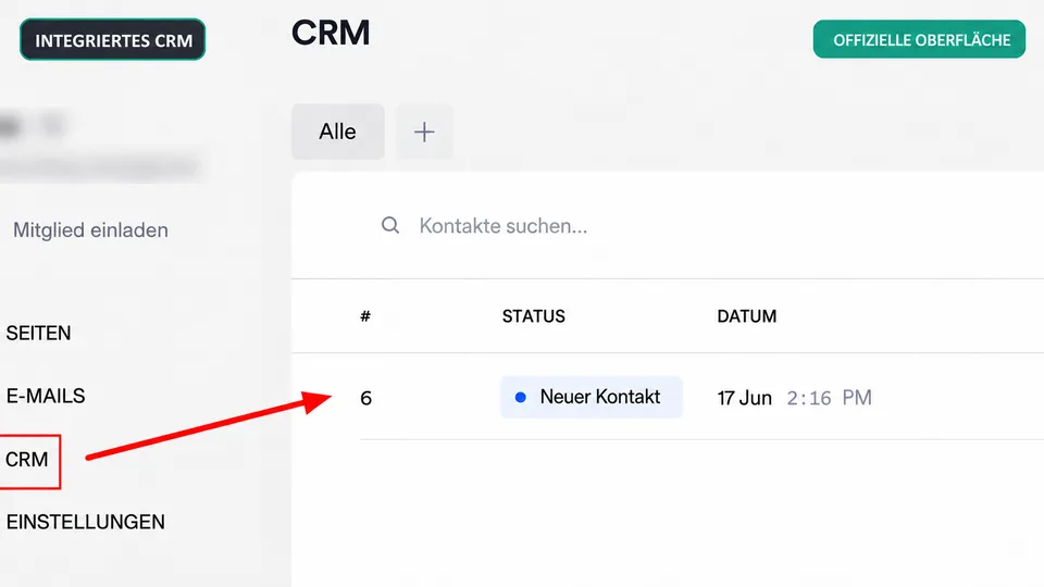Integriertes CRM von Onepage.io mit neuem Kontakt