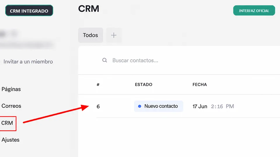 CRM integrado de Onepage.io con un nuevo contacto captado mediante un formulario