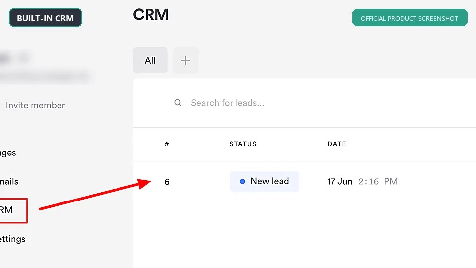 Onepage.io built-in CRM showing a newly captured lead
