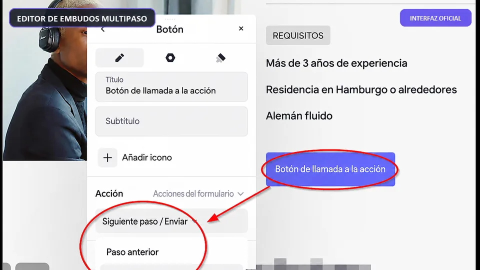 Editor de embudos multipaso de Onepage.io con acciones de avance y envío