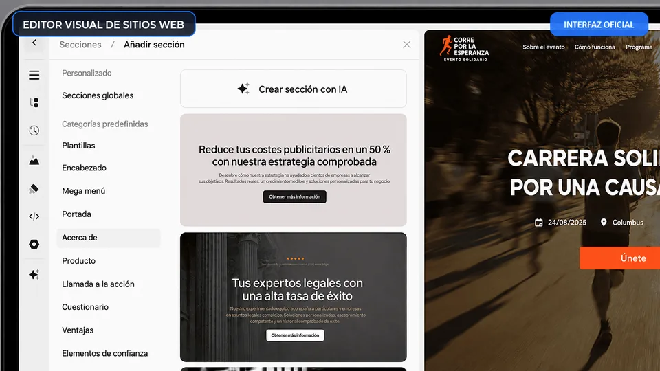 Editor visual de Onepage.io con biblioteca de secciones y lienzo de página