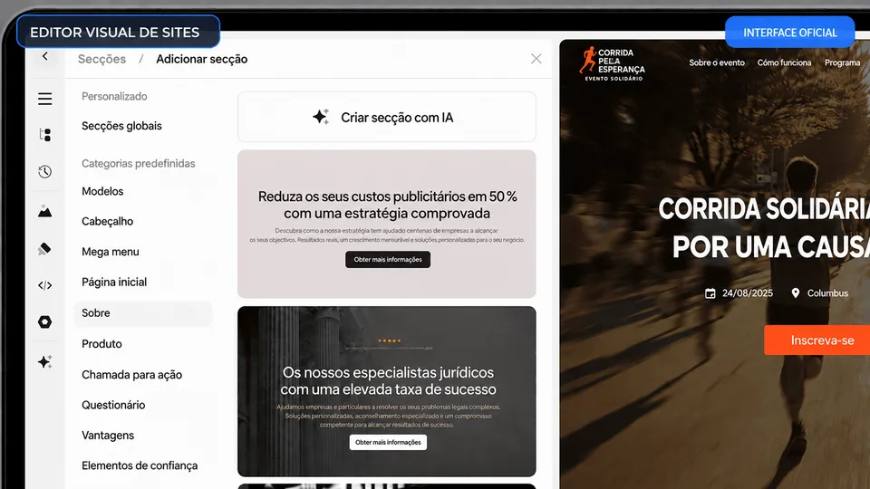 Editor visual de sites do Onepage.io com biblioteca de secções