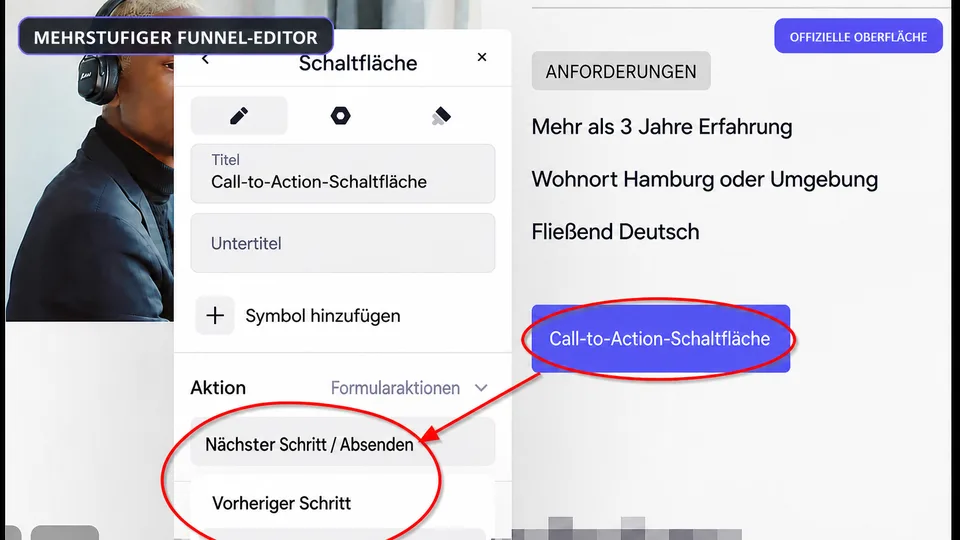 Mehrstufiger Funnel-Editor von Onepage.io mit Aktionen und Formularschritten