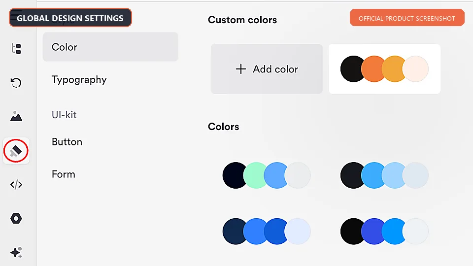 Onepage.io global design settings for colors and typography