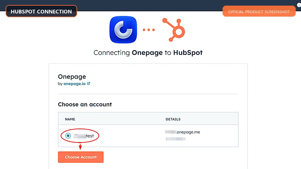 Onepage.io connection workflow for integrating a HubSpot account
