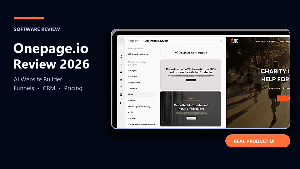 Onepage.io Review 2026 featuring the visual website editor