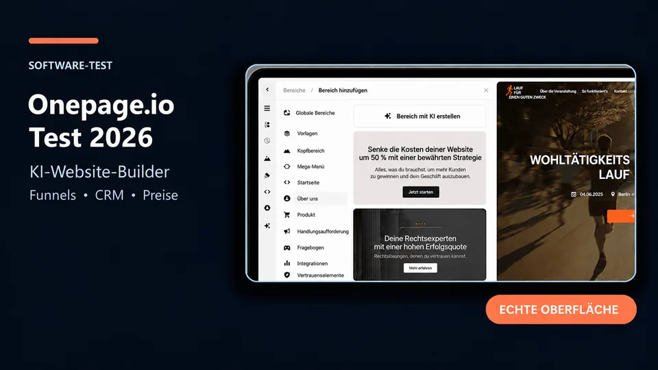 Onepage.io Test 2026 mit KI-Website-Builder, Funnels und CRM