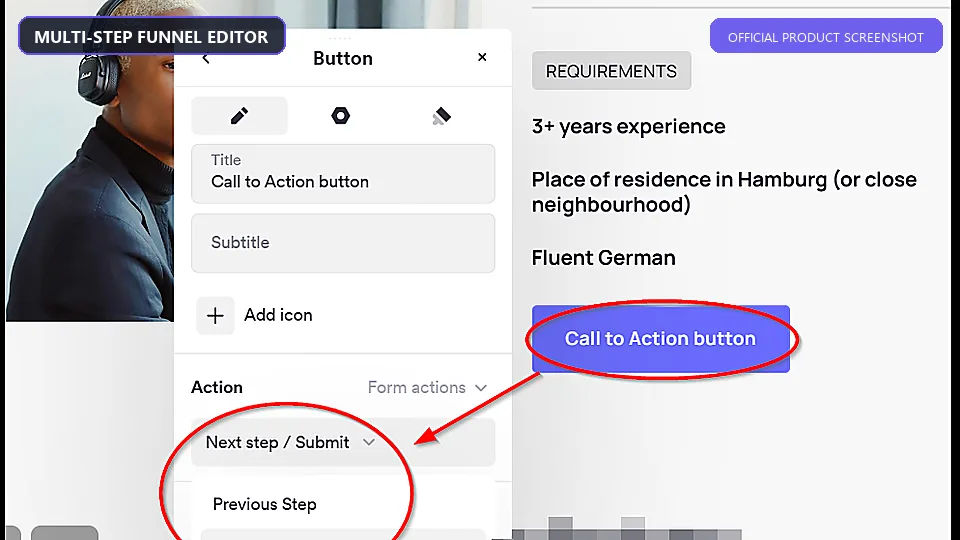 Onepage.io multi-step funnel editor showing button and submission actions