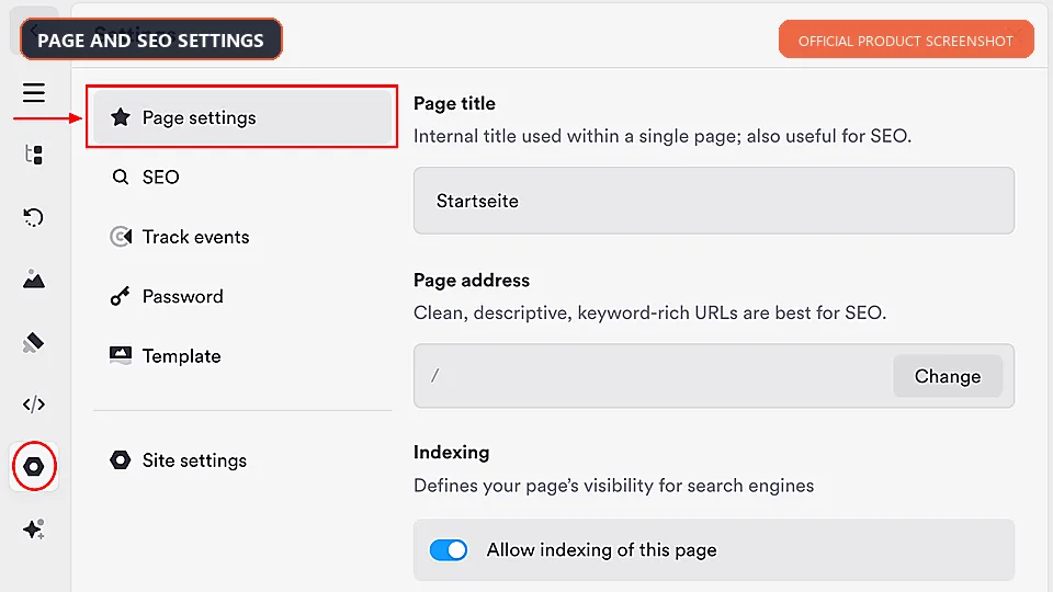 Onepage.io page and SEO settings including page address and indexing controls