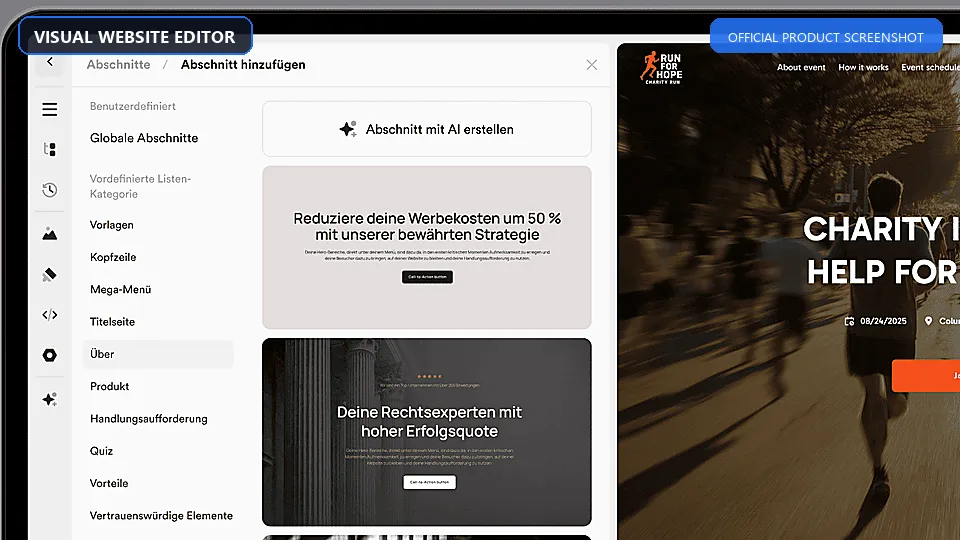 Onepage.io visual website editor with section library and live page canvas