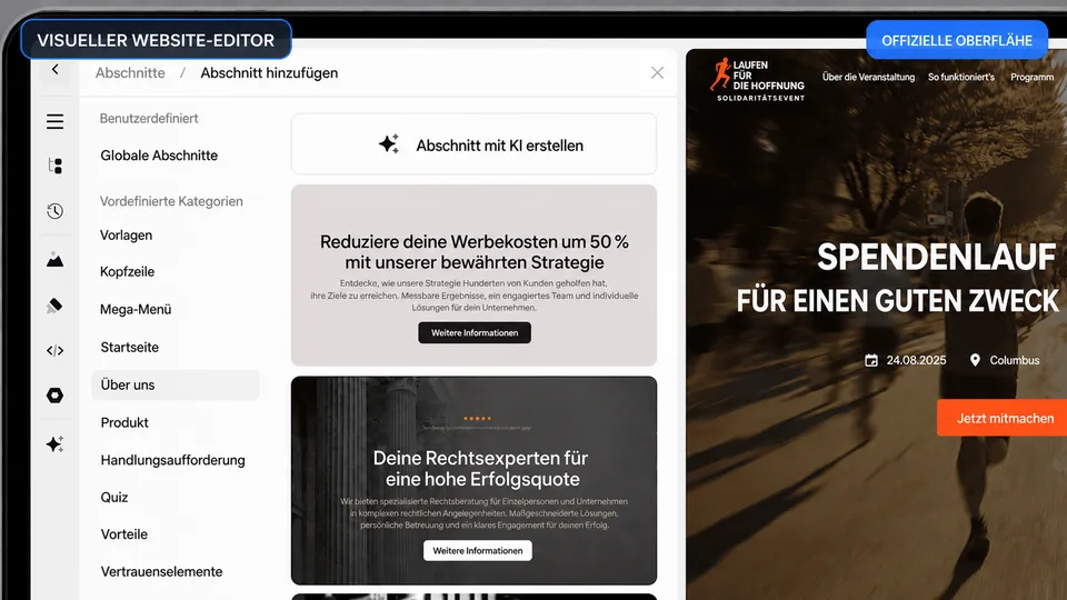 Visueller Website-Editor von Onepage.io mit Abschnitten und Seitenvorschau