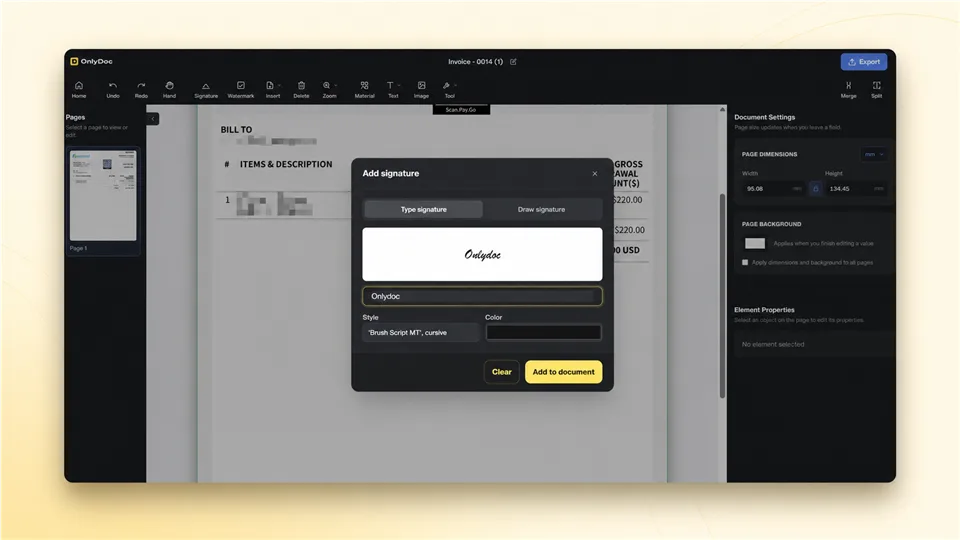 The built-in electronic signature editor