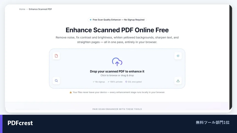 PDFcrest 無料オンラインスキャンPDF強化インターフェース