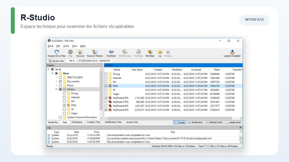 Interface technique de R-Studio avec dossiers, fichiers et journal d’analyse