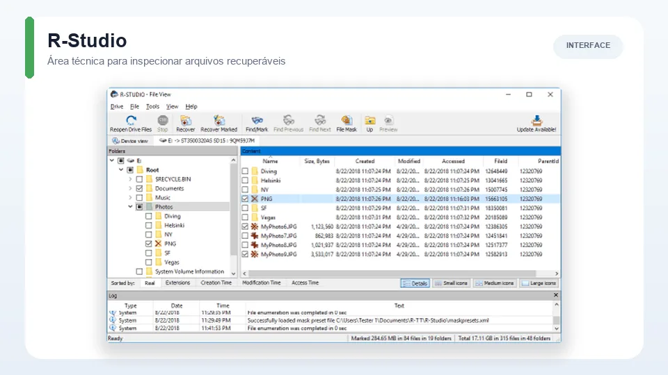 Interface técnica do R-Studio com pastas, arquivos e registro da varredura