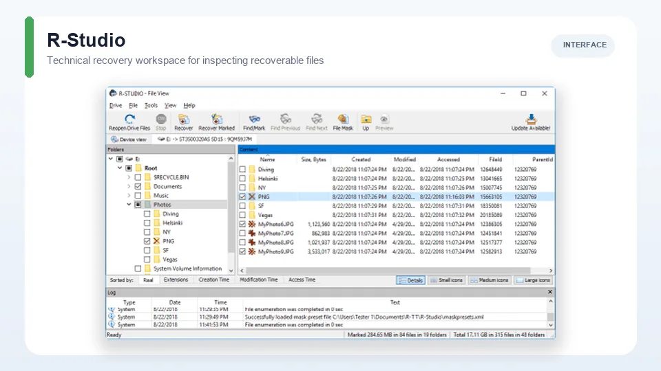 R-Studio technical data recovery interface with folders, files, and scan log