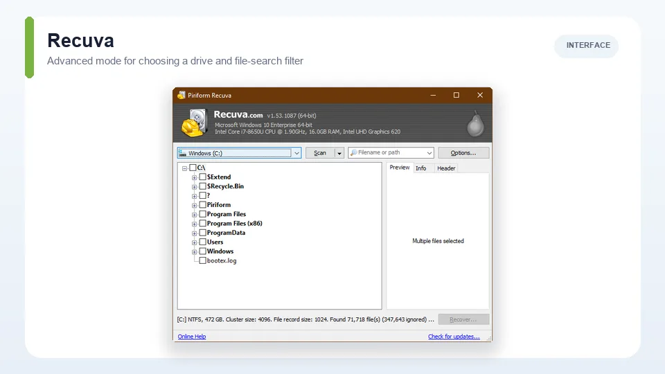Recuva advanced mode interface for selecting a drive and filtering recoverable files