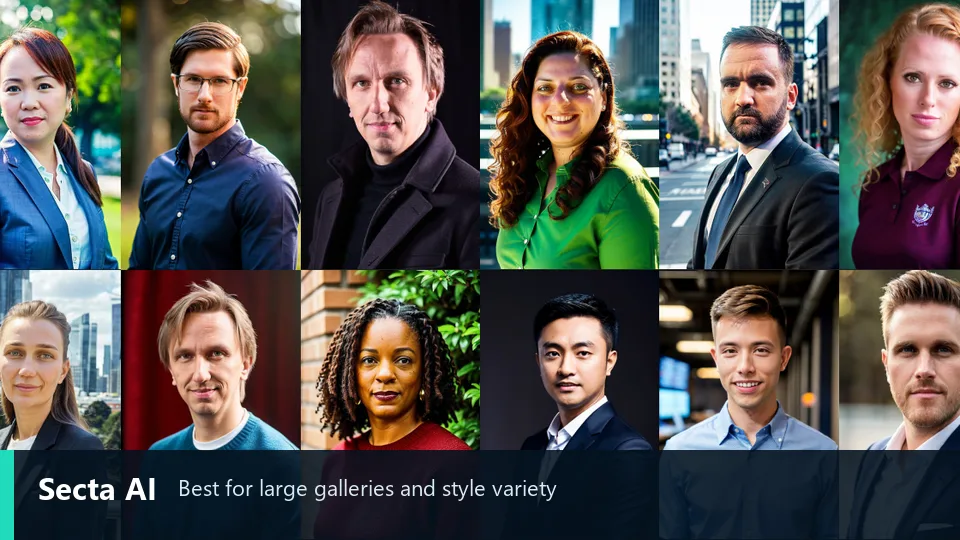 Official Secta AI gallery showing varied professional AI headshot styles