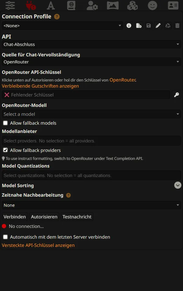Deutsches OpenRouter-Verbindungspanel in SillyTavern 1.18.0 vor Eingabe eines API-Schlüssels