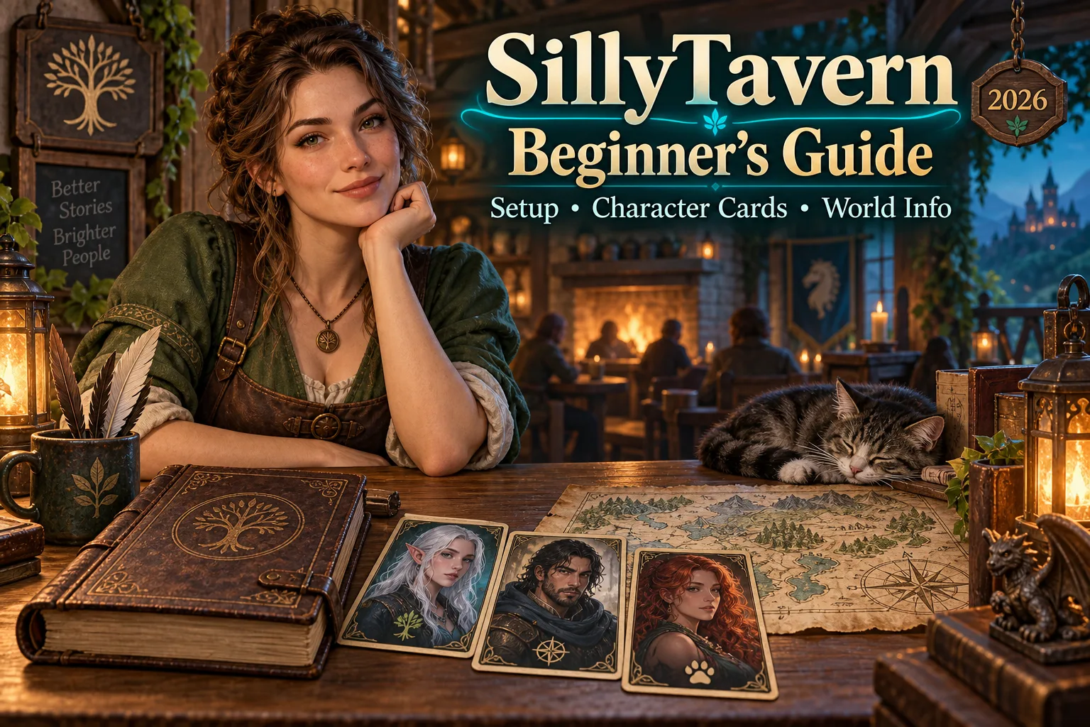 AI-generated editorial illustration of a fantasy innkeeper, character cards and a lorebook for the SillyTavern beginner guide