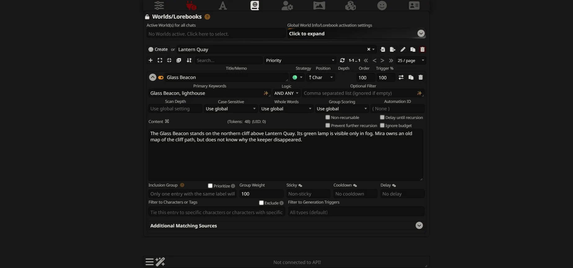 A saved World Info entry with lighthouse keywords and short setting facts