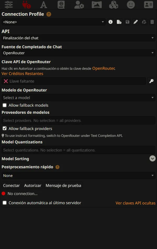 Panel de conexión a OpenRouter de SillyTavern 1.18.0 en español, sin clave API